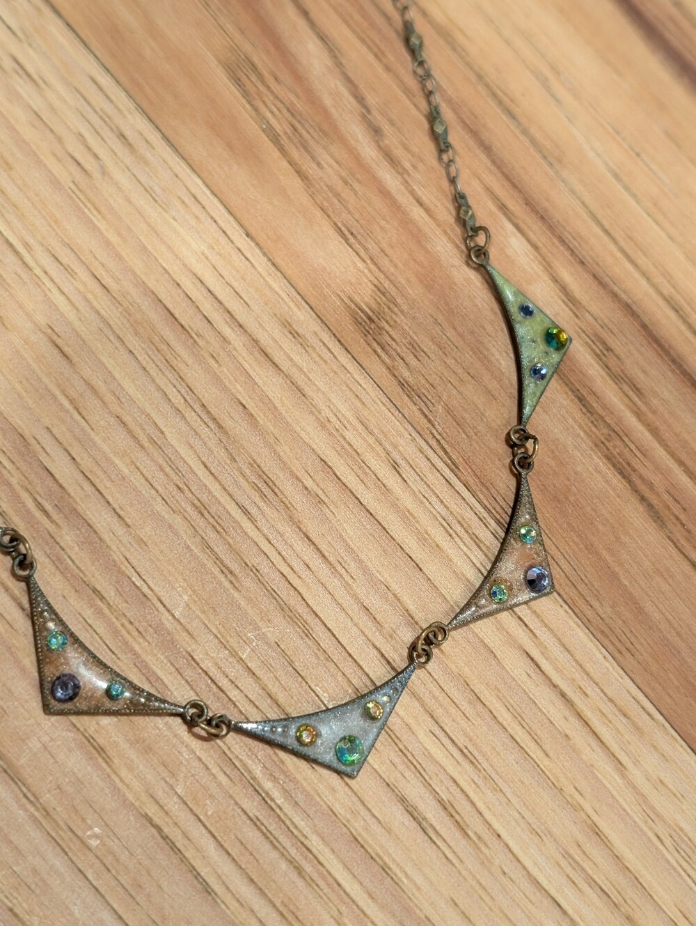 Vintage-Inspired Green and Blue Accent Triangle Pendant Necklace